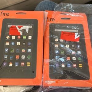 Two NEW Amazon Fire Tablets opened box  - Orange Packaging